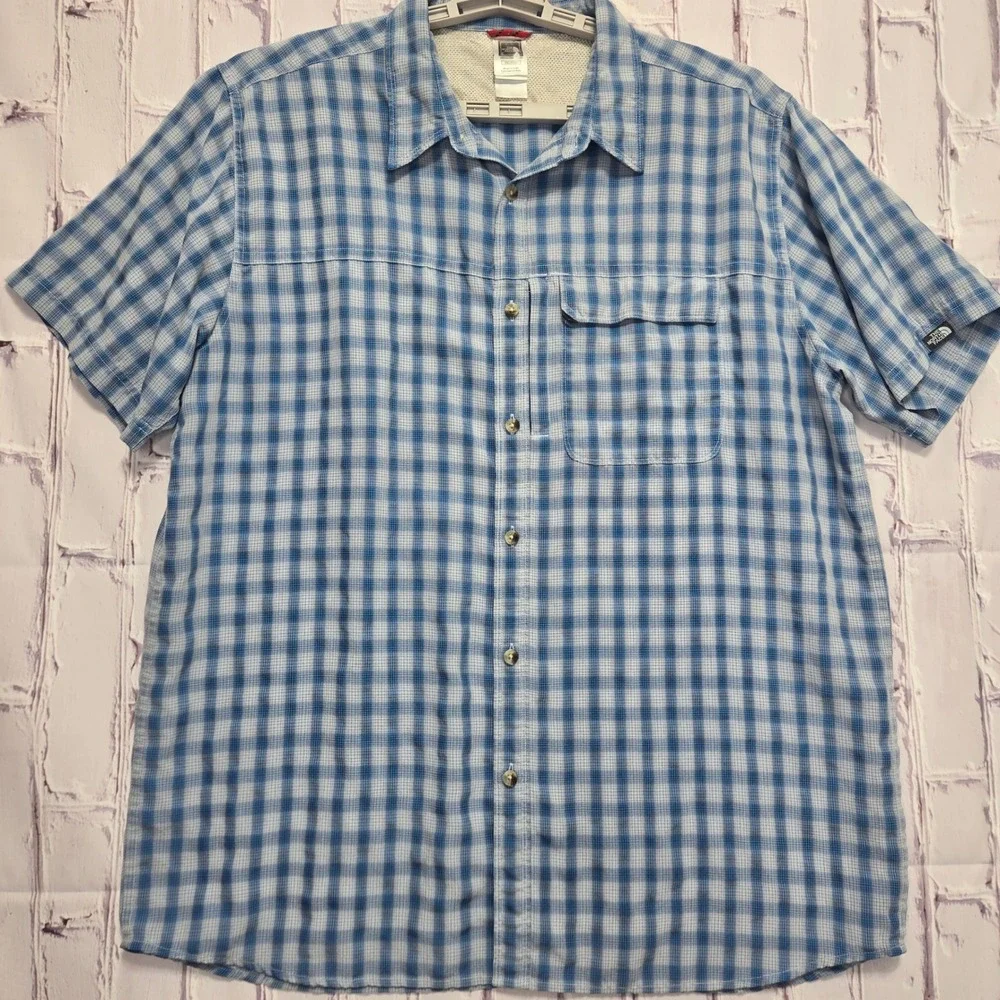 VTG Y2K The North Face Mens Plaid Short Sleeve Button Up‎ Shirt XXL Blue Outdoor